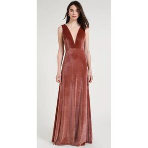 NEW Jenny Yoo Logan Velvet Maxi Gown Illusion Plunging V-Neck English Rose 10